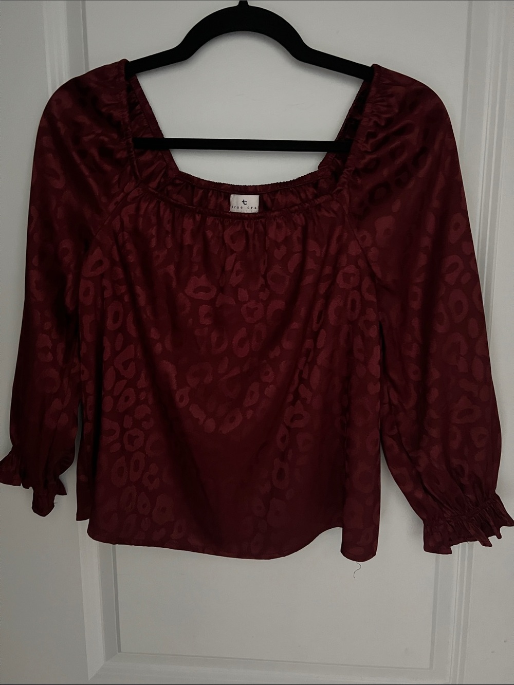True Craft Satin Burgundy Animal-Print Square Neck Blouse